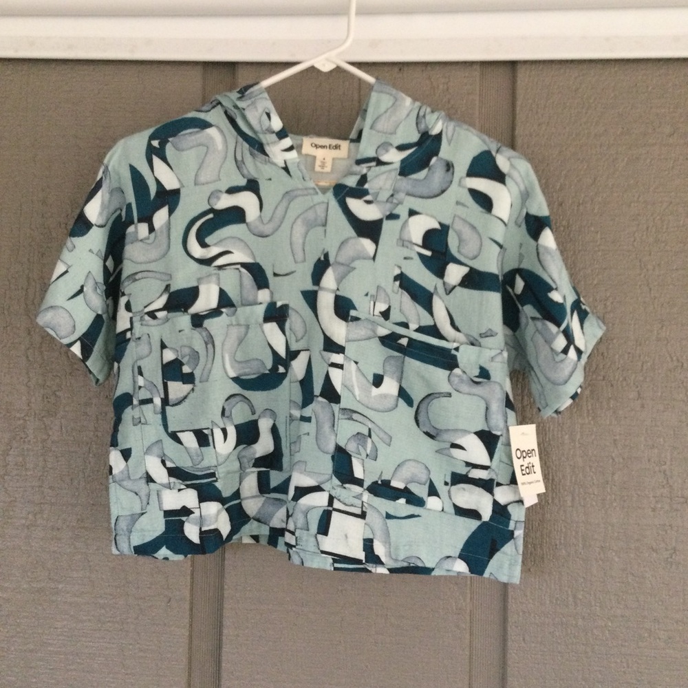 Open Edit Kids Print Organic Cotton Hooded Pockets Popover Top Size 4